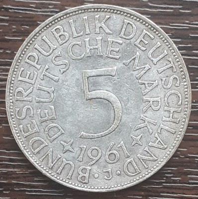 (A847) MONEDA DIN ARGINT GERMANIA - 5 MARK 1961, LIT J, TIRAJ 518.00 BUC, RARA foto