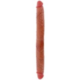 Dildo dublu GET REAL BY TOYJOY Silicone Foreskin Double Dong, pentru dublă penetrare, senzație realistă de piele, 46 cm, culoare caramel