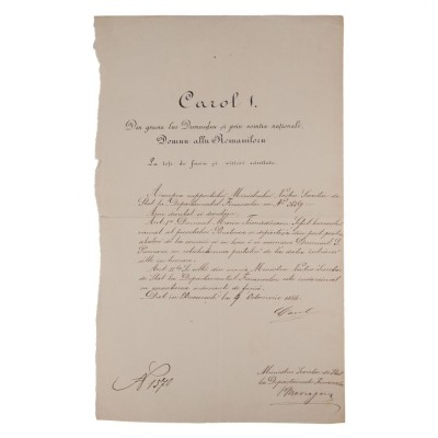 Decret de eliberare din funcție, semnat olograf de domnitorul Carol I, 1866 foto