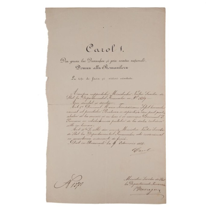 Decret de eliberare din funcție, semnat olograf de domnitorul Carol I, 1866