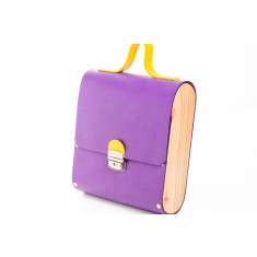 Rucsac dama din piele naturala si lemn reciclat, lucrat manual, Dory, Handmade, Mov, Produsa in Romania