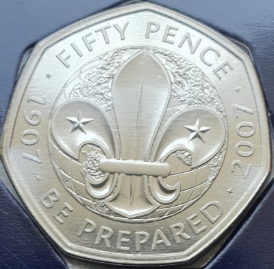 50 pence 2019 Marea Britanie, Scouting Movement, 50 Years of 50p,coincard foto