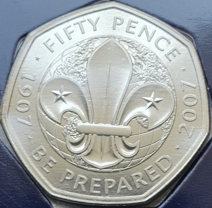 50 pence 2019 Marea Britanie, Scouting Movement, 50 Years of 50p,coincard