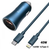 Incarcator Auto USB si Type-C Baseus Golden Contactor Pro Dual Quick Charger Blue + Cablu Type-c la