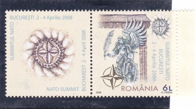 SUMMITUL NATO BUCURESTI,,Lp.1798,TIMBRU CU VINIETA 2008, MNH ** ROMANIA . foto