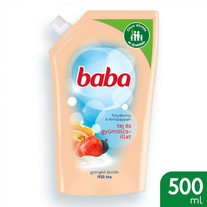 Baba Foly&eacute;kony Szappan Ut&aacute;nt&ouml;ltő Tej &amp;amp; Gy&uuml;m&ouml;lcs 500ml