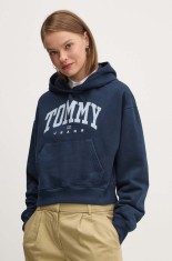 Tommy Jeans hanorac de bumbac femei, culoarea albastru marin, cu glugă, cu imprimeu, DW0DW19291