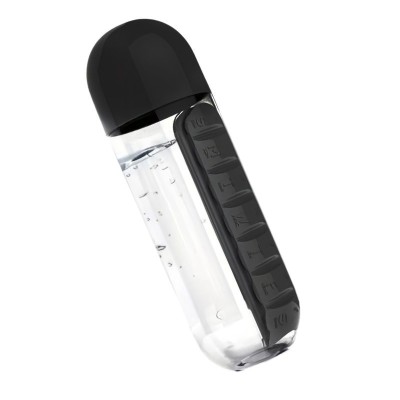Sticla Apa 2 in 1 cu Organizator Pastile, 600 ml, 7 Compartimente, Portabila si Multifunctionala, - Negru foto
