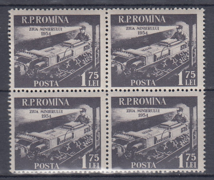 ROMANIA 1954 LP 365 ZIUA MINERULUI BLOC DE 4 TIMBRE MNH