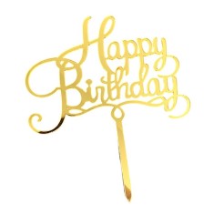Decoratiune topper pentru tort, flippy, model happy birthday, tematica aniversare, 10 cm, auriu
