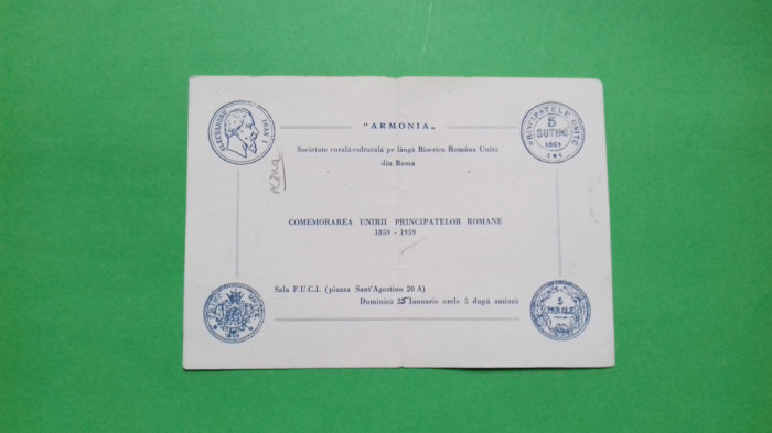Bucuresti Invitatie ARMONIA Program Centenarul Unirii Principatelor Romane 1959