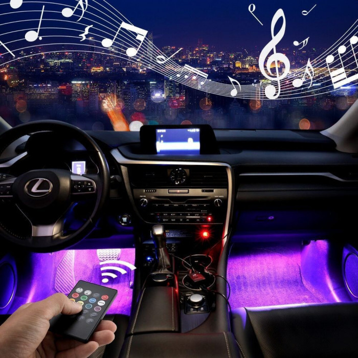 Lumina Led interior Auto senzor sunet 4 benzi autoadezive 12 v cu telecomanda