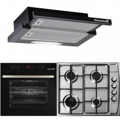 Pachet Incorporabil Cuptor electric Hausberg HB-8054, Clasa A, 71L, 2225W, Negru, Plita Incorporabila HB-555, 4 arzatoare, Gaz, Inox, Hota incorporabi