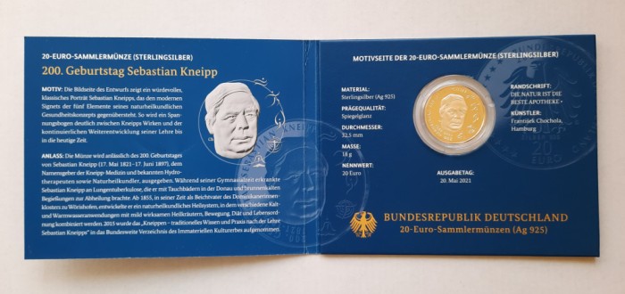 20 Euro &quot;Sebastian Kneipp&quot; 2021, Proof - Germania - A 3438