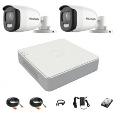 Sistem supraveghere Hikvision 2 camere 5MP ColorVu 2.8mm, lumina alba 20m, DVR 4 canale, accesorii montaj, hard disk 1TB SafetyGuard Surveillance