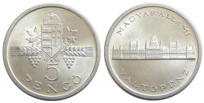 y389 UNGARIA 5 PENGO 1945 ALUMINIU NECIRCULATA UNC CU LUCIU DE BATERE foto