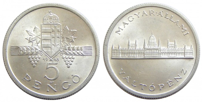 y389 UNGARIA 5 PENGO 1945 ALUMINIU NECIRCULATA UNC CU LUCIU DE BATERE