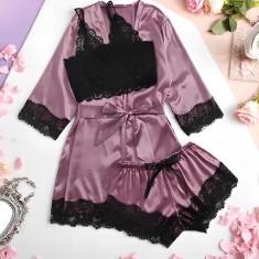 Set Pijama de Dama 3 Piese Satin, Culoare Mov - MEI10