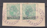 ROMANIA 1896 POSTA ROMANA IN TURCIA EMISIUNEA I PE TIMBRELE SPIC DE GRAU SUPRATIPAR NEGRU 20 PARAS PE 10 BANI VERDE PERECHE STAMPILATA