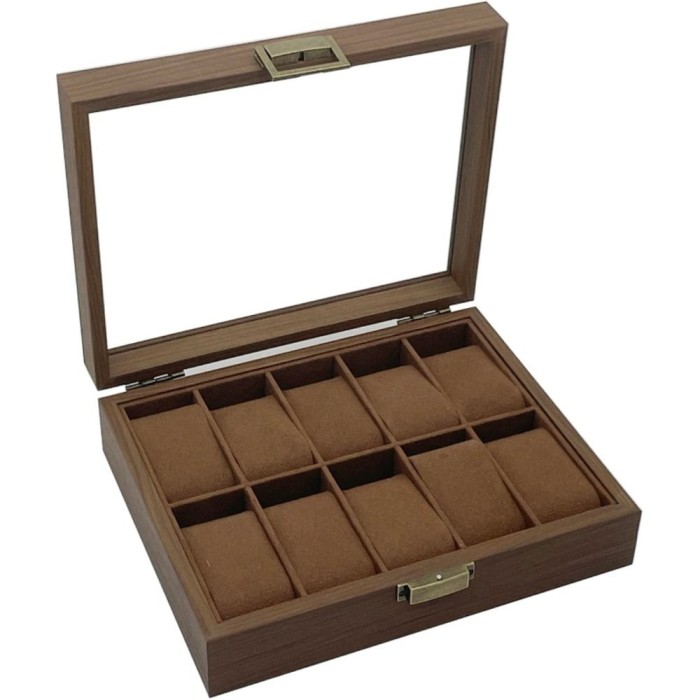 Caseta eleganta din lemn pentru depozitare si organizare 10 ceasuri, model Pufo Elite, maro