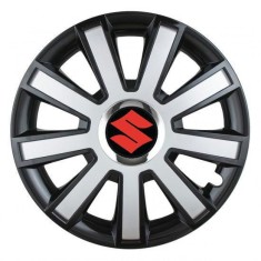 Set 4 capace roti Silver/black cu inel cromat pentru gama auto Suzuki, R16