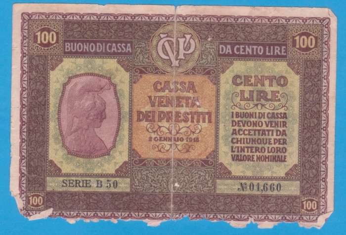 (1) BANCNOTA ITALIA - 100 LIRE 1918, RARA
