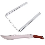 Cumpara ieftin Set Maceta Vanatoare IdeallStore&reg;, Otel Inoxidabil 46cm + Nunceag Metalic, Camping, Cutit, Teaca Inclusa