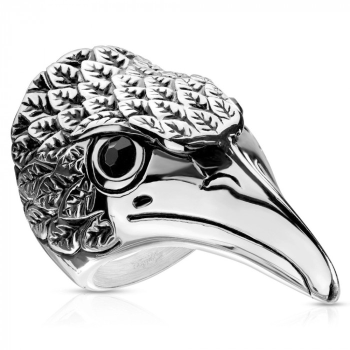 Inel de oțel, cap de vultur robust &ndash; zirconii negre, pene patinate crestate - Marime inel: 62