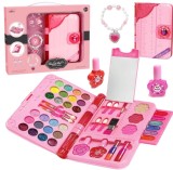 Trusa de machiaj pentru copii WePro Store, luciu de buze, farduri, oglinda, Design inedit, Usor de transportat, Tip Portofel, Non-toxic, Roz, 3 ani +
