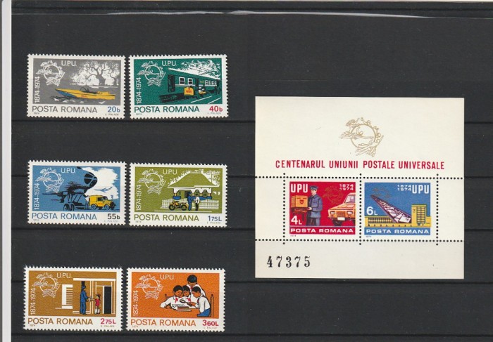 ROMANIA 1974 LP 847 LP 848 CENTENARUL UPU SERIE+COLITA MNH NESTAMPILATE