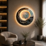 Tablou Decorativ cu Iluminare LED Planeta Albastra,Diametru 80 cm,24W,Lumina Neutra,Aliaj de Aluminiu si MDF