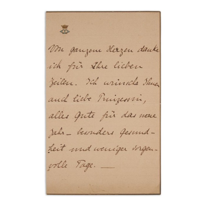 Principesa Maria a Rom&acirc;nie (Viitoarea Regina Maria a Rom&acirc;niei), scrisoare olografă, 4 ianuarie 1909