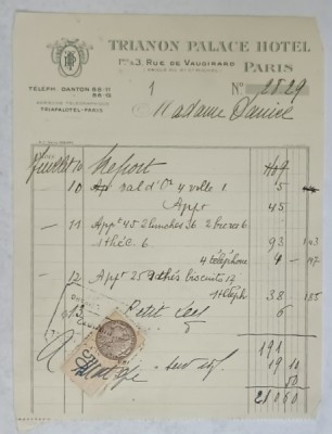 CHITANTA ELIBERATA FAMILIEI DOCTORULUI CONSTANTIN DANIEL DE HOTELUL &amp;#039; TRIANON PALACE &amp;#039; DIN PARIS , 1932 foto