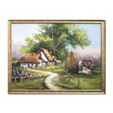 Tablou peisaj rural pictat manual inramat, La casa de la tara, 85x65cm ulei pe panza, rama din lemn, Geo Ungureanu