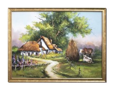 Tablou peisaj rural pictat manual inramat, La casa de la tara, 85x65cm ulei pe panza, rama din lemn, Geo Ungureanu