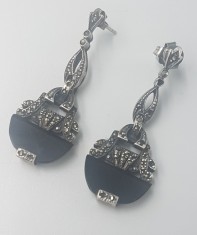 Superbi cercei vintage din argint, onix si marcasite - art deco