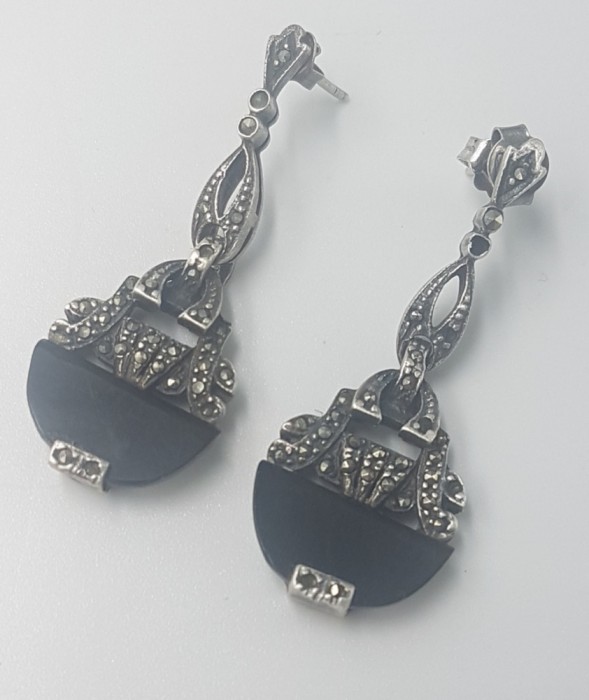 Superbi cercei vintage din argint, onix si marcasite - art deco