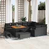 Set canapea grădină vidaXL cu 12 piese și perne Negru Poliratan Acacia, Set de dining grădină vidaXL cu 3 piese și perne Negru Poliratan Acacia