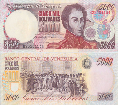 1997 (16 VI), 5,000 Bol&amp;iacute;vares (P-78a) - Venezuela - stare UNC foto