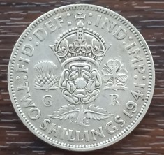 (A835) MONEDA DIN ARGINT ANGLIA - 2 SHILLINGS 1941, REGELE GEORGE AL VI-LEA, 11,31 GRAME, PURITATE 500