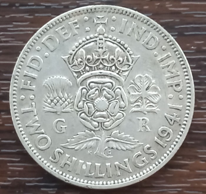 (A835) MONEDA DIN ARGINT ANGLIA - 2 SHILLINGS 1941, REGELE GEORGE AL VI-LEA, 11,31 GRAME, PURITATE 500