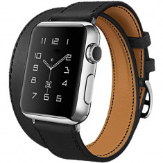 Curea iUni compatibila cu Apple Watch 1/2/3/4/5/6/7, 40mm, Double Tour, Piele, Negru foto