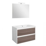 Set mobilier baie Leziter Porto Prime 80 cm, Alb/Rauna Szil, cu lavoar si oglinda Cube, suspendat