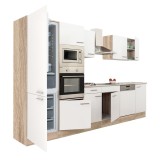Mobilier de bucătărie Yorki 340, cu corp din stejar Sonoma și fațade albe cu finisaj satinat, cu frigider cu congelator &icirc;n partea de jos, fără blat de