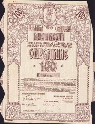 A538 Obligațiune de 100 lei Primăria orașului București, interbelică foto