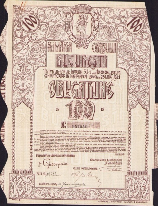 A538 Obligațiune de 100 lei Primăria orașului București, interbelică
