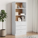 Biblioteca Gossi alba, lemn masiv pin, 60x35x142 cm, cu 3 sertare si 3 compartimente, rafturi depozitare carti, dulap living