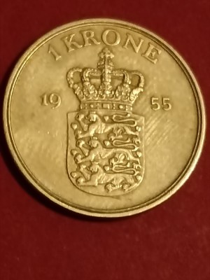 1 krone 1955 Danemarca, Tiraj = 1.359.000, stare aUNC [poze]. Discount conform descriere [10 - 20 %. Vezi descrierea.]. foto