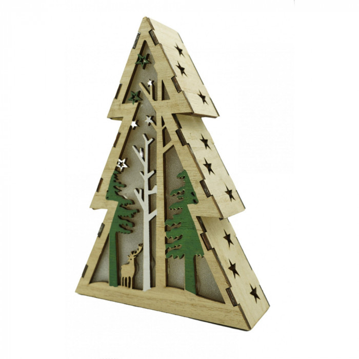 Decoratiune luminoasa, model de Brad cu Peisaj de iarna, maro, lungime: 14 cm, latime: 5 cm, inaltime: 20 cm, lemn, interior/exterior