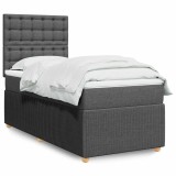 vidaXL Pat box spring cu saltea, gri &icirc;nchis, 90x200 cm, textil